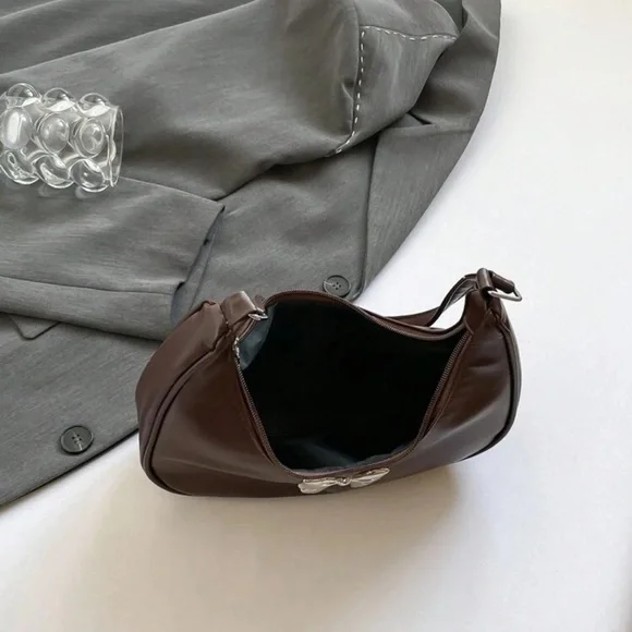 Brown leather shoulder bag with bow detail | armpit dumpling crescent moon purse - Picture 10 of 12